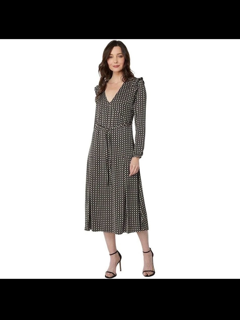 Joie Black Polka Dot V-Neck Long Sleeve Kailey Midi Dress
